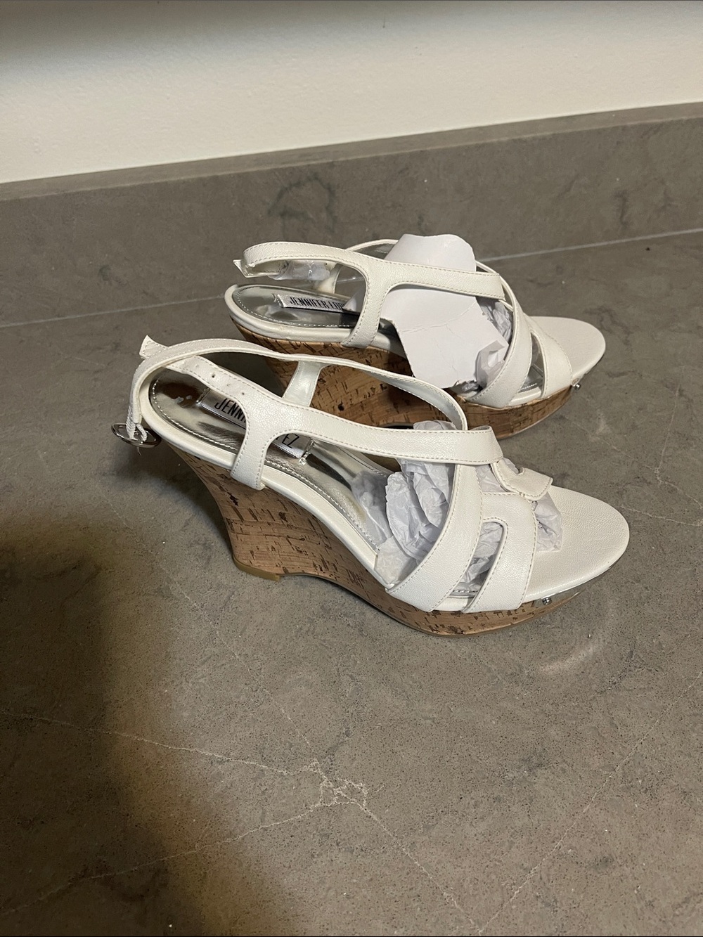 Jennifer Lopez White Cork Wedge Sandals with Ankle Strap